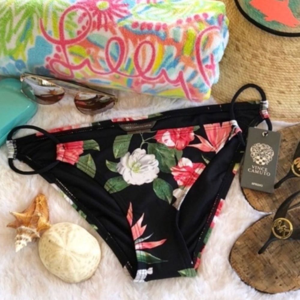 Vince Camuto Floral Tropical Black Bikini Bottoms NWT
